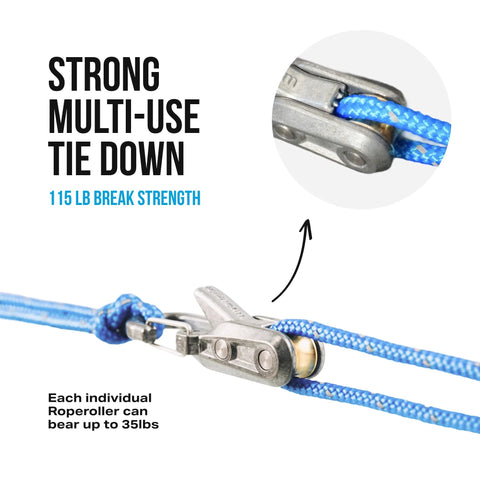 Front view of Roperoller rope tightening tool and tensioner with blue braided rope and metal clamp