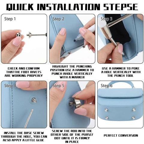 Step-by-step installation guide for Killer 32 Piece Heavy Duty Bag Bottom Feet Set with Screw Back Nailhead Rivets.