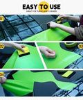 FOSHIO vinyl wrap tape with felt squeegee; neon-green car wrap being applied in a four-step installation collage