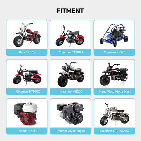 Grid of compatible vehicles and engines for VM22 Racing Performance Carburetor, including mini bikes and go-karts.