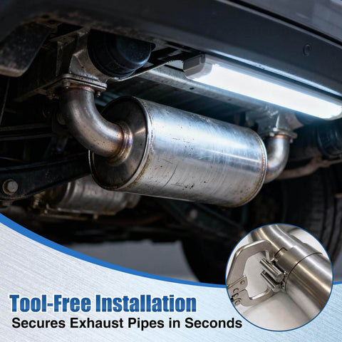 Exhaust Pipe Tacking Band Kit Five Stainless Steel Clamp On Clamps For Tig Welding Fabrication And Pipe Repair Sizes 2 Inch To 4 Inch installed on a vehicle exhaust system