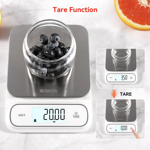 Waterproof IPX6 Kitchen Scale With Backlit Display, showing tare function, stainless steel platform with blueberries jar