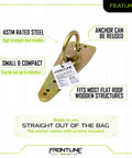 Bull Ring Roof Anchor Reusable For Flat Roofs With Wooden Structures Quick Setup And Fall Arrest Restraint System Positioning Applications Zinc Plated Steel OSHA And ANSI Compliant shown with packaging and features.