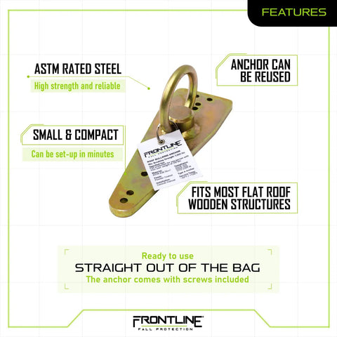 Bull Ring Roof Anchor Reusable For Flat Roofs With Wooden Structures Quick Setup And Fall Arrest Restraint System Positioning Applications Zinc Plated Steel OSHA And ANSI Compliant shown with packaging and features.