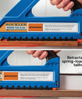 Slick D Handle Narrow Push Block For Table Saw Safety with retractable spring-loaded tailhook in use on a cutting board.