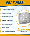 Heavy Duty Welded Steel Four By Four Junction Box And Blank Cover Kit For Pro Grade Installations, Four Inch Square Electrical Box With One And A Half Inch Depth, Flat Blank J Box Cover, Twenty One Cubic Inches Capacity, features list visible