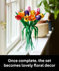 Botanical Tulip Bouquet Building Set for Adults Ages 18 Plus, Mindful Craft Kit for Bedroom, Home Decor, Book Shelf and Office Spaces, Realistic Artificial Flowers, Dope Gift for Birthdays and Garden Lovers, colorful LEGO tulips in glass vase