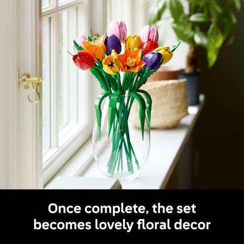 Botanical Tulip Bouquet Building Set for Adults Ages 18 Plus, Mindful Craft Kit for Bedroom, Home Decor, Book Shelf and Office Spaces, Realistic Artificial Flowers, Dope Gift for Birthdays and Garden Lovers, colorful LEGO tulips in glass vase