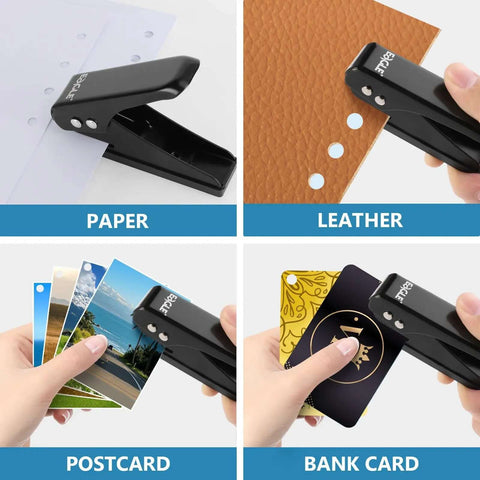 Low Force One Hole Paper Punch, 12 Sheets Capacity, punching paper, leather, postcards, and bank cards with anti-skid base