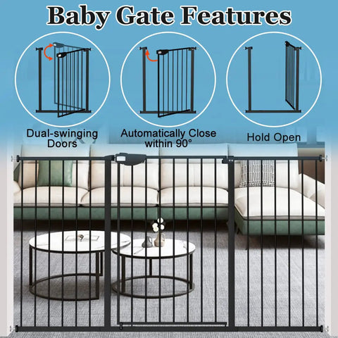 Extra Tall Wide Pressure Mounted Baby Gate With Triple Lock Walk Through Swing Auto Close Black Metal Safety Gate features