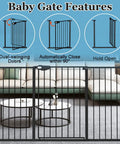 Extra Tall Wide Pressure Mounted Baby Gate With Triple Lock Walk Through Swing Auto Close Black Metal Safety Gate for Indoor Stairs and Doorways shown with features.