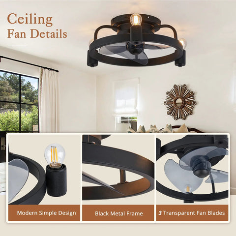 Black Ceiling Fan With Lights And Remote Small Low Profile Flush Mount Ceiling Fan For Bedroom Kitchen And Home Dope Farmhouse Modern Industrial Style Quiet Dimmable Easy Install showing black metal frame and transparent blades in bedroom.