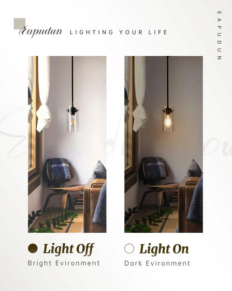 Industrial Pendant Light Fixture With Clear Glass Shade in light off and on settings, showcasing vintage style for various environments.