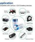 Eight Pack Rechargeable D Batteries With USB Charging Cable centered with compatible devices icons like flashlight, camera, and radio.