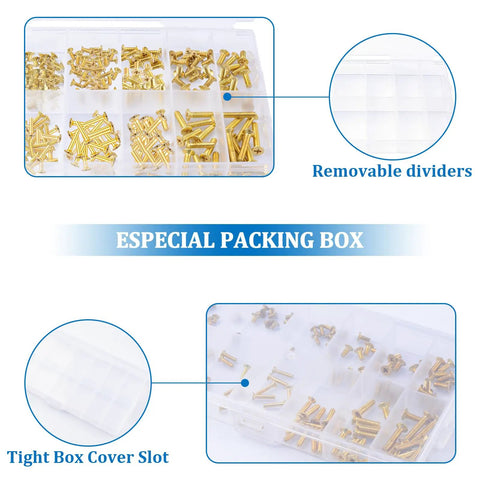 Badass Brass Machine Screw And Nut Kit With Washers For Electronics Repair, organized brass fasteners in a tight packing box.