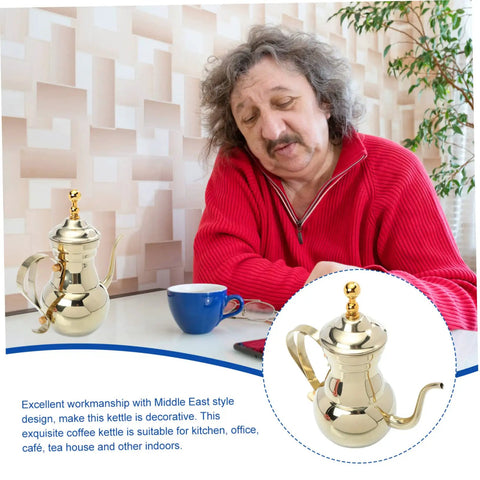 Man sitting at table with blue coffee cup and Arabic Coffee Pot Hand Drip Kettle for Manual Coffee Maker Turkish Style