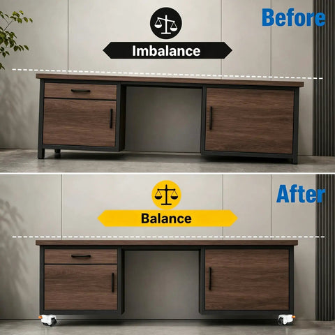 Before and after using Heavy Duty Leveling Casters With Knurled Ratchet Handle, 2200 Lb Load Capacity, Set Of 4, desk balance demonstration