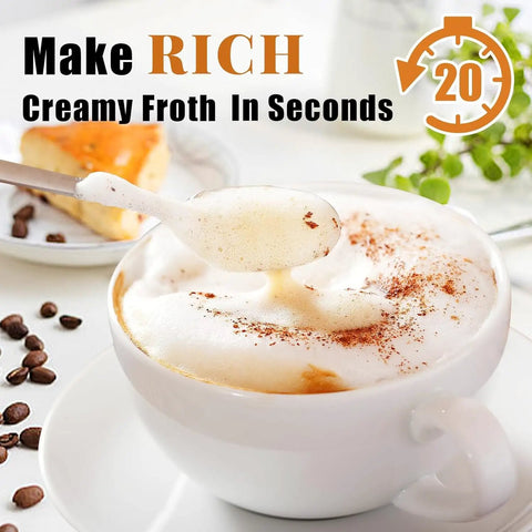 Rechargeable Handheld Milk Frother With Two Stainless Steel Whisk Heads And Three Speed Settings creating frothy cappuccino