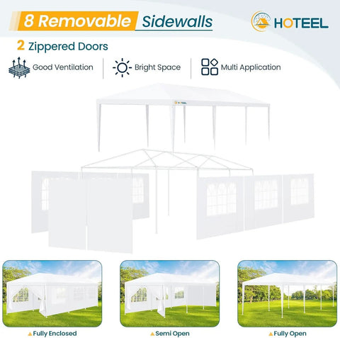 Outdoor 10x30 Ft Party Tent Canopy with 8 removable sidewalls, 2 zipper doors, white, showing different configurations, 300 sq ft space