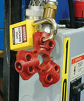 Quick Disconnect Pneumatic Lockout System For Lockout Tagout on equipment, secures up to six padlocks, red tool for safe energy shutdown.
