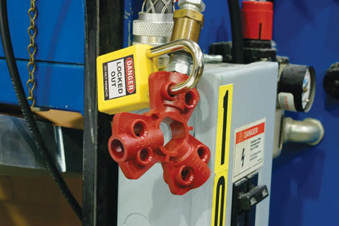 Quick Disconnect Pneumatic Lockout System For Lockout Tagout on equipment, secures up to six padlocks, red tool for safe energy shutdown.