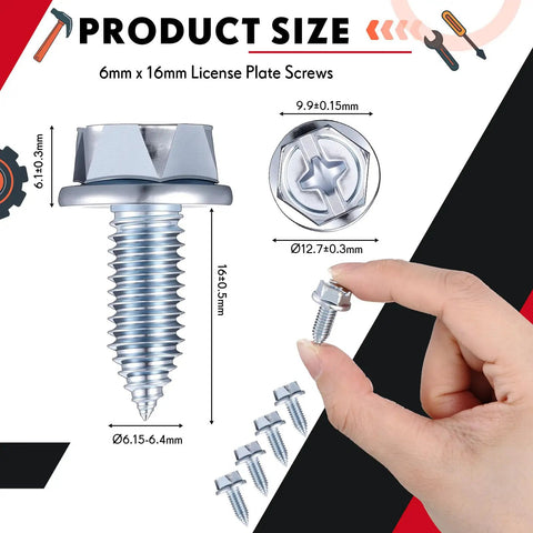 Bulk Pack Of 100 License Plate Screws 6mm X 16mm Slotted Hex Head Bolts in hand, showcasing size and detail, durable steel