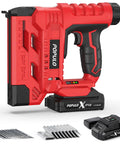 Rock Solid 20V Cordless Brad Nailer And Stapler Combo 18 Gauge Two In One Power Tool with red body and battery for woodworking projects.