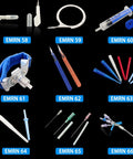 Various medical devices including Bulk 500 Pack Catheter Clamps For Luer Lock And Catheter Systems on a black background.