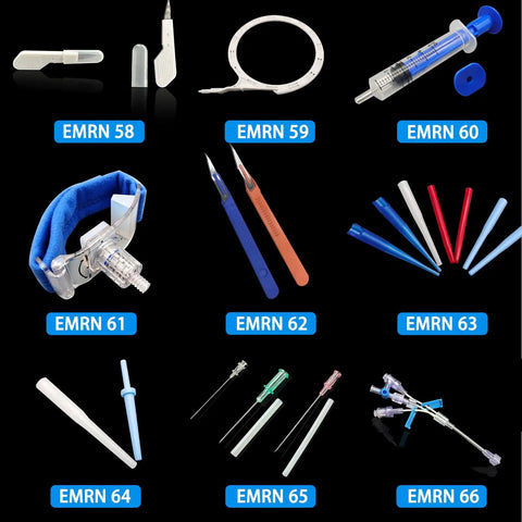 Various medical devices including Bulk 500 Pack Catheter Clamps For Luer Lock And Catheter Systems on a black background.