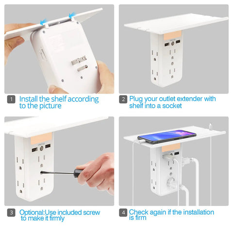 Two Pack Wall Outlet Extender With Built In Shelf And Night Light 8 Ports Total 6 AC Outlets Plus 2 USB installation steps
