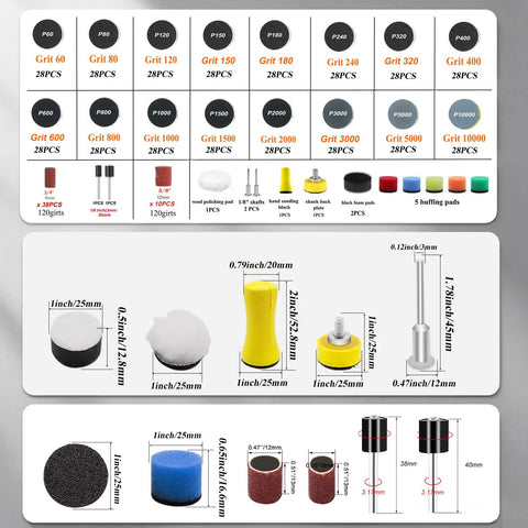 Pro 510pc Dremel Sanding Discs And Drums Wet Dry Kit With Hook Loop Sandpaper for various grits, tools, and sizes ideal for polishing.