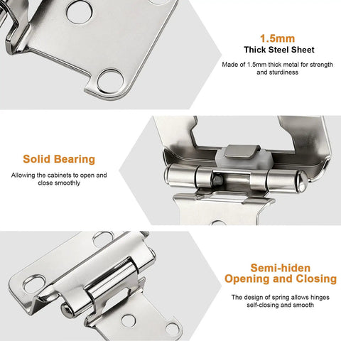 Heavy Duty Self Closing Cabinet Hinges Twenty Five Pairs Brushed Nickel Face Mount displaying 1.5mm thick steel sheet and solid bearing.