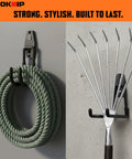 Heavy Duty Garage Wall Hooks Set With Anti Rust PVC Coating holding hose and rake, wall mounted tool hangers for garage organization