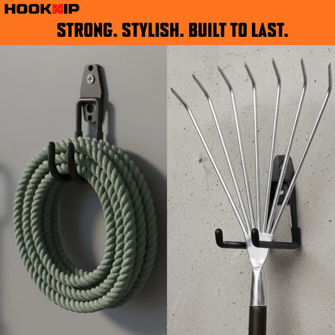 Heavy Duty Garage Wall Hooks Set With Anti Rust PVC Coating holding hose and rake, wall mounted tool hangers for garage organization
