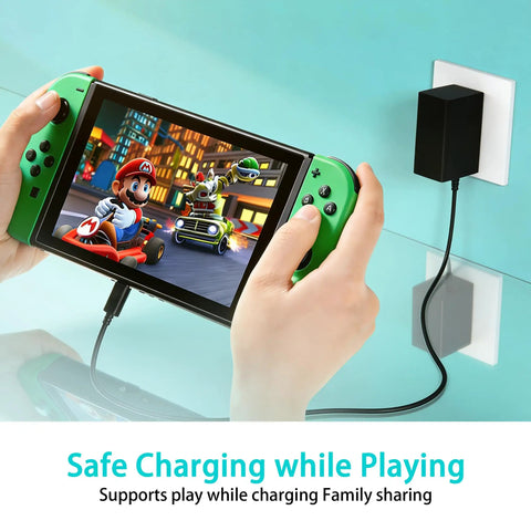 Fast USB-C Charger For Nintendo Switch With USB-C Cord, Compatible With Switch OLED, Switch Lite, And Steam Deck, Powers TV Mode Dock black adapter charging Switch while playing