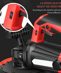 Heavy Duty Angle Grinder And Concrete Polisher With Dual Handle And 6 Speed Settings For Crushing Tile Like Butter showing speed adjustment dial.