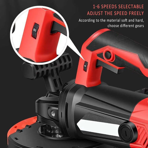 Heavy Duty Angle Grinder And Concrete Polisher With Dual Handle And 6 Speed Settings For Crushing Tile Like Butter showing speed adjustment dial.