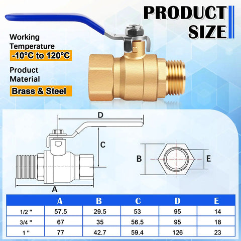 Diagram and specifications of Two Pack Three Quarter Inch Brass Ball Valves With Female NPT To Male NPT Threads Beefy Forged Brass Shut Off Valves