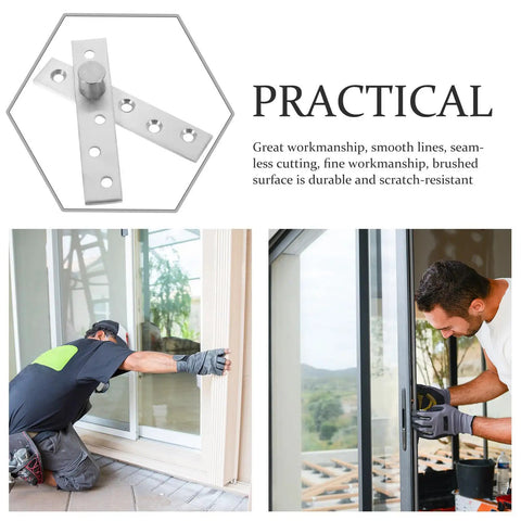 Stainless Steel Pivot Hinges For Wooden Doors 2 Pack 360 Degree Rotating Concealed Door Hardware Beefy Build Heavy Duty Durable Ideal For Cabinets Hidden Doors Aluminum Frame Installations showing practical use and installation by workers.