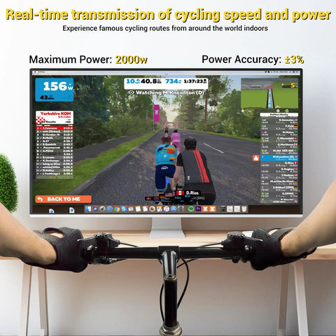 User cycling on Smart Bike Trainer Stand For 26 To 29 Inch And 700C Wheels With Bluetooth 4.0 And ANT Plus Connectivity, Zwift Compatible Onelap Powerfun Rouvy AR App