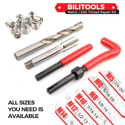 M12x1.25 Thread Repair Kit For Damaged Threads HSS Drill Helicoil Repair Kit shown with drill, tap, inserts, installation tool.
