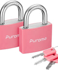 2 Pack Aluminum Padlocks With 3 Keys Alike Seven Eighths Inch 43mm Small Locks for gate, shed, or locker, pink body, steel shackle