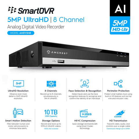Front view of 5MP UltraHD 8 Channel DVR Security System for Analog Cameras with AI features displayed.