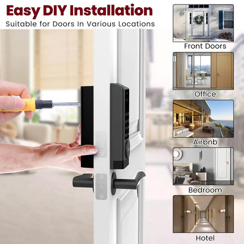 6 In 1 Keyless Entry Smart Lock With Camera And Doorbell being installed on a front door; suitable for various locations.