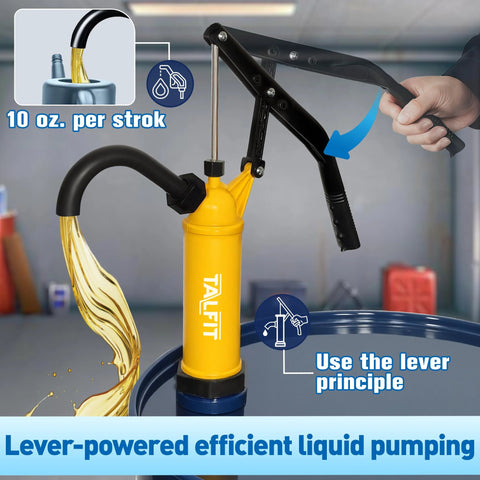 TALFIT lever-action 55-gallon drum pump; yellow reinforced PP body with black lever handle.