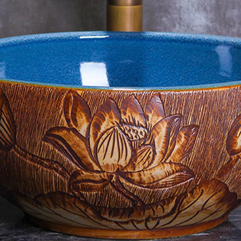 Bathroom Container Sink Pattern Pattern Ceramic Vessel Sink Round Oval Counter Ceramic Countertop Sink Art Basin-B (B) with floral design.