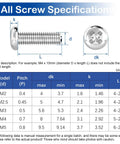390 Pcs M4 Phillips Pan Head Machine Screws With Nuts And Washers 304 Stainless Steel Fully Threaded Set In Sizes 5mm To 20mm Assortment Kit For DIY Fixes And Quick Projects specification sheet showing screw dimensions and measurements.