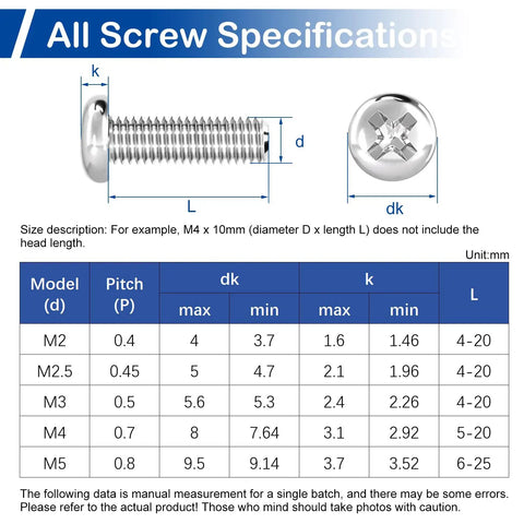 390 Pcs M4 Phillips Pan Head Machine Screws With Nuts And Washers 304 Stainless Steel Fully Threaded Set In Sizes 5mm To 20mm Assortment Kit For DIY Fixes And Quick Projects specification sheet showing screw dimensions and measurements.