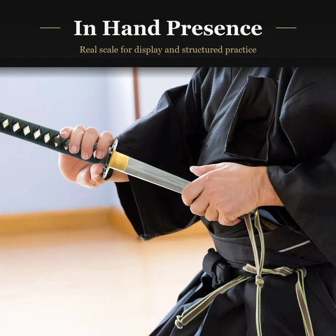 Person holding Wakizashi Iaito Training Sword For Iaido Practice Unsharpened Stainless Steel Blade With Fuller Groove