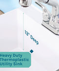 White Utility Sink With Pull Out Chrome Faucet And Sprayer For Laundry Room Basement Garage Or Shop, 13-inch deep thermoplastic tub